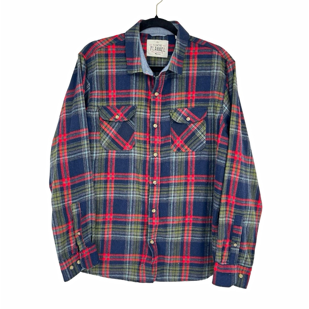 Tallwoods The Filmore Flannel Men's L Plaid Flannel Button-Up Pockets Blue Red